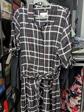 Calvin Klein Black Plaid Button Down Maxi Dress Size 14